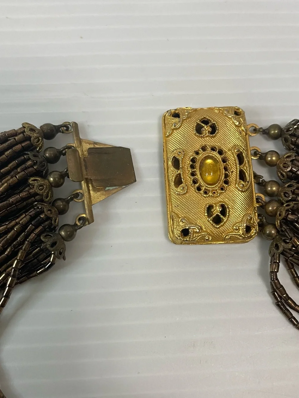 VTG Multi-Strand Copper Brown Beaded Choker Necklace Gold Tone Filigree Clasp - Picture 3 of 5